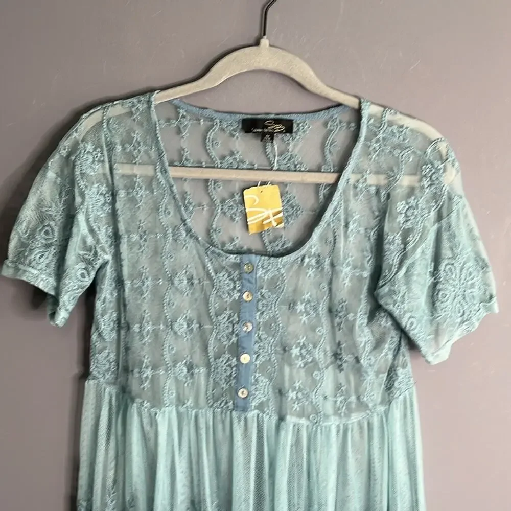 Suzanne Betro Gray Sheer Lace Crochet Long Top Medium